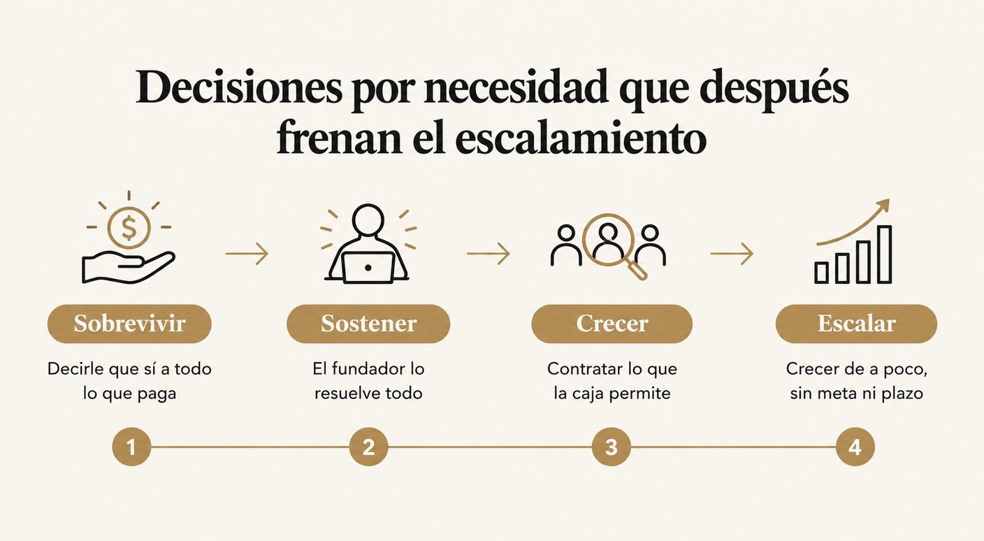 Infografía titulada «Decisiones por necesidad que después frenan el escalamiento»: una línea de tiempo horizontal con los cuatro tramos de la vida de un fundador de una startup bootstrapped, cada uno con un ícono y un rótulo dorado. En Sobrevivir, decirle que sí a todo lo que paga; en Sostener, el fundador lo resuelve todo; en Crecer, contratar lo que la caja permite; en Escalar, crecer de a poco, sin meta ni plazo.