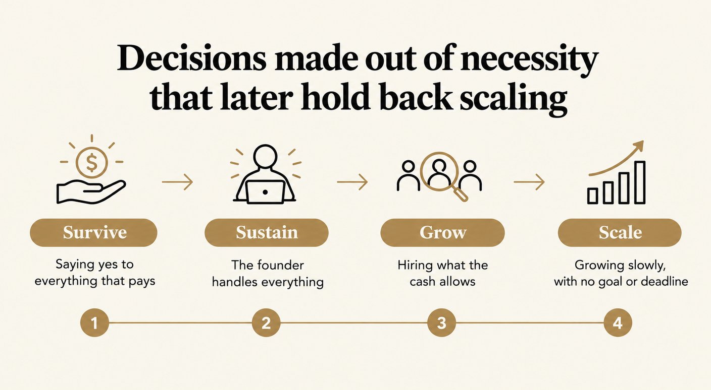 Infographic titled “Decisions made out of necessity that later hold back scaling”: a horizontal timeline with the four stages in the life of a bootstrapped startup founder, each with an icon and a gold label. Survive: saying yes to everything that pays; Sustain: the founder handles everything; Grow: hiring what the cash allows; Scale: growing slowly, with no goal or deadline.