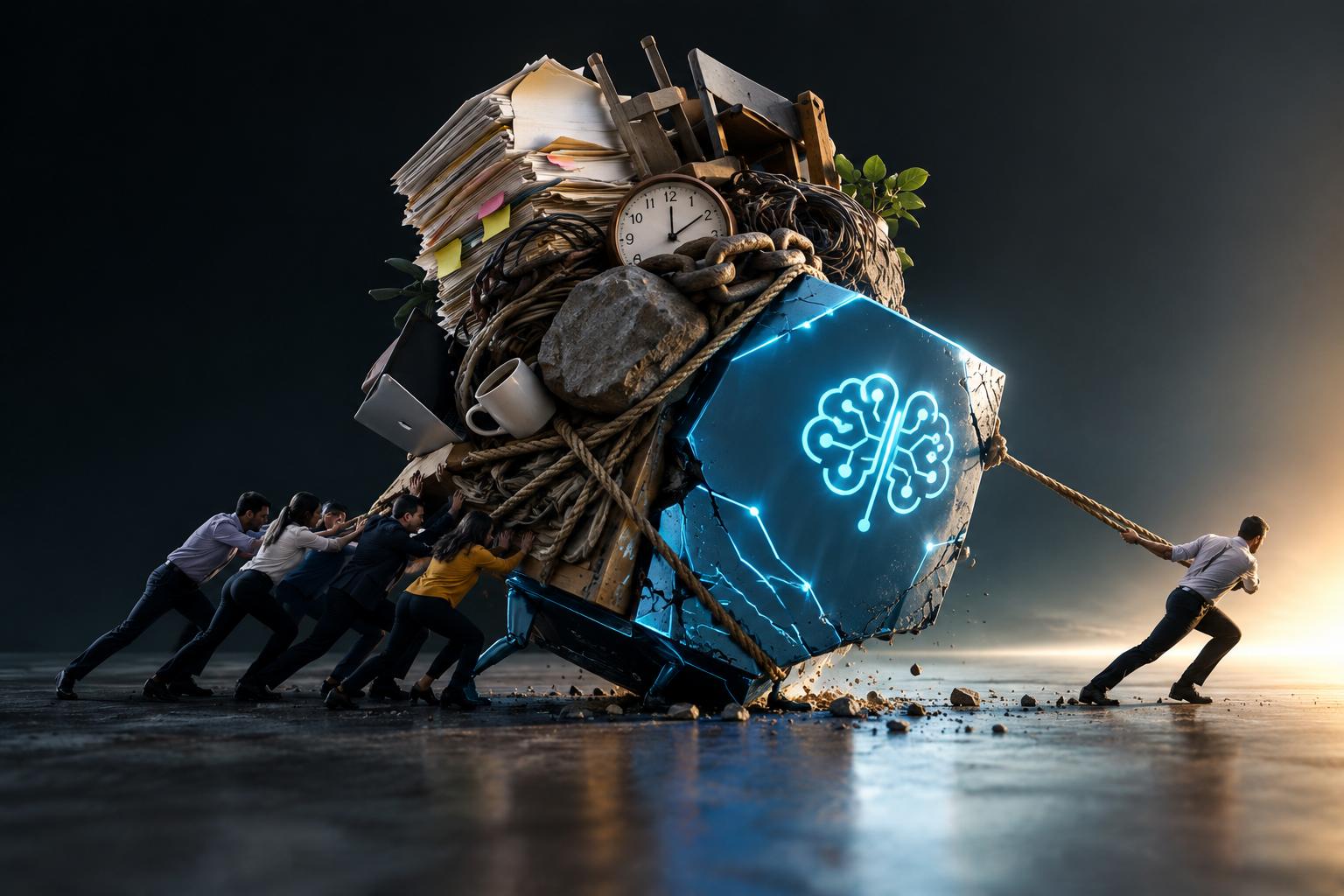 Ilustración de un bloque azul luminoso con un cerebro de circuitos, símbolo de la inteligencia artificial, atado con sogas y cadenas a una pila de papeles, sillas, un reloj, una piedra, cables y una taza de café. Seis personas en ropa de oficina lo empujan desde atrás con esfuerzo y un hombre solo tira de una soga hacia la luz del horizonte, mientras el bloque se resquebraja contra el piso.